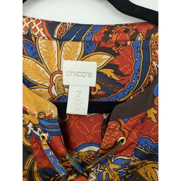 Chicos Paisley Tunic Top Size L Lace Up Long Sleeve Asymmetrical Hem Boho Indie - Picture 8 of 12